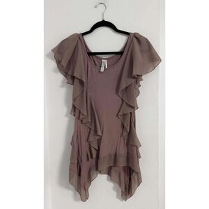 Kische Boho Mauve Chiffon Ruffle Top with flowing asymmetrical hem  Womens M